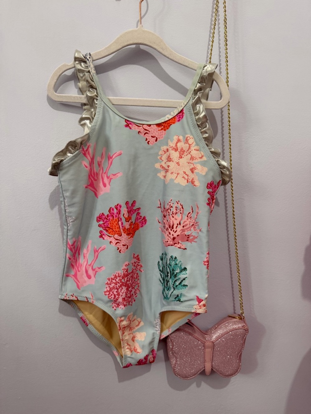 Pink Chicken Light Blue One-Piece Swimsuit with Coral Print